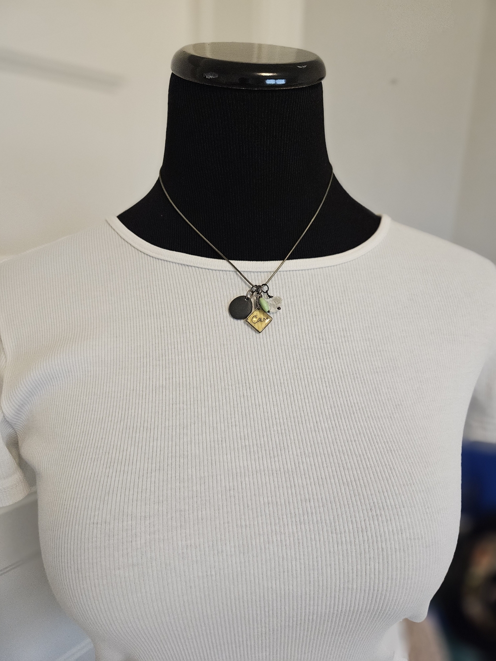 Gold & Black Charm Pendant "CALM" Necklace with Green Accent - Women Jewelry